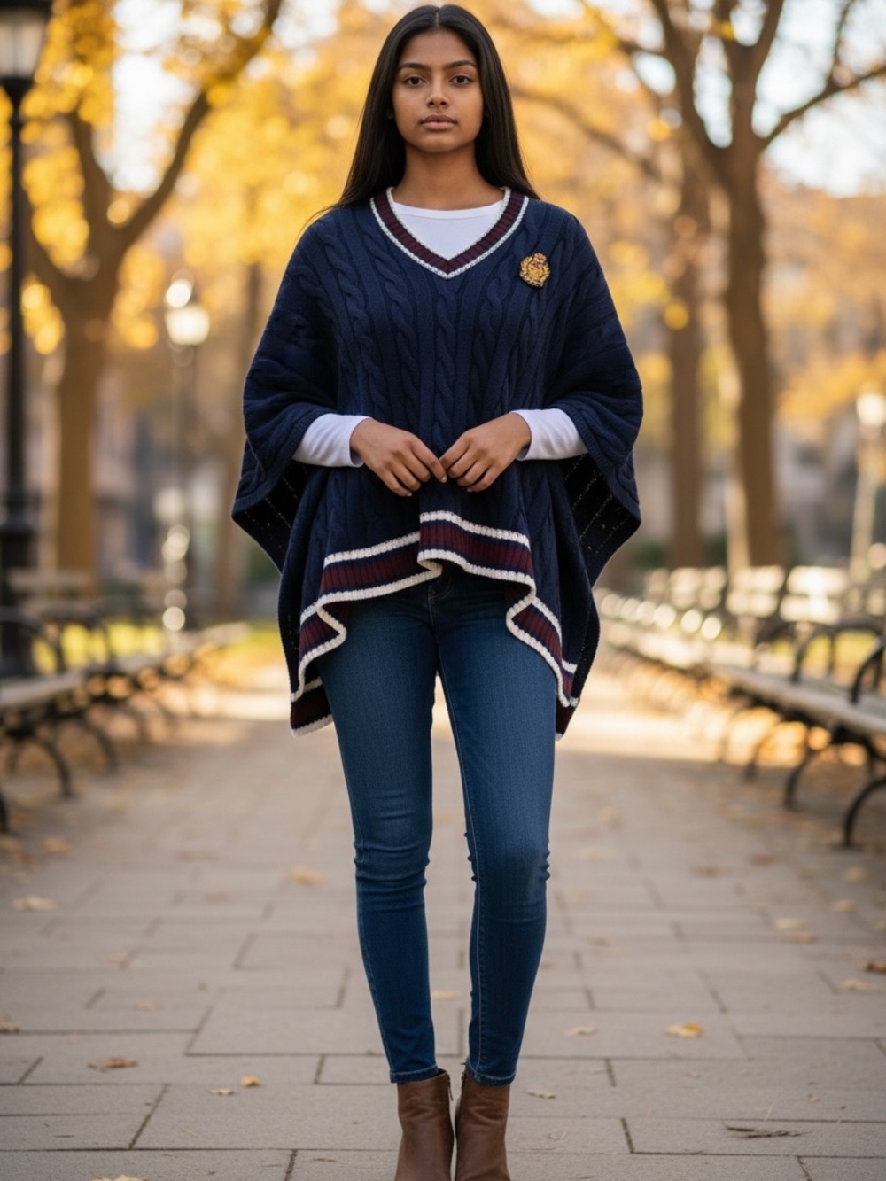 Ralph Lauren Navy Cable-Knit V-Neck Poncho with Stripe Trim
